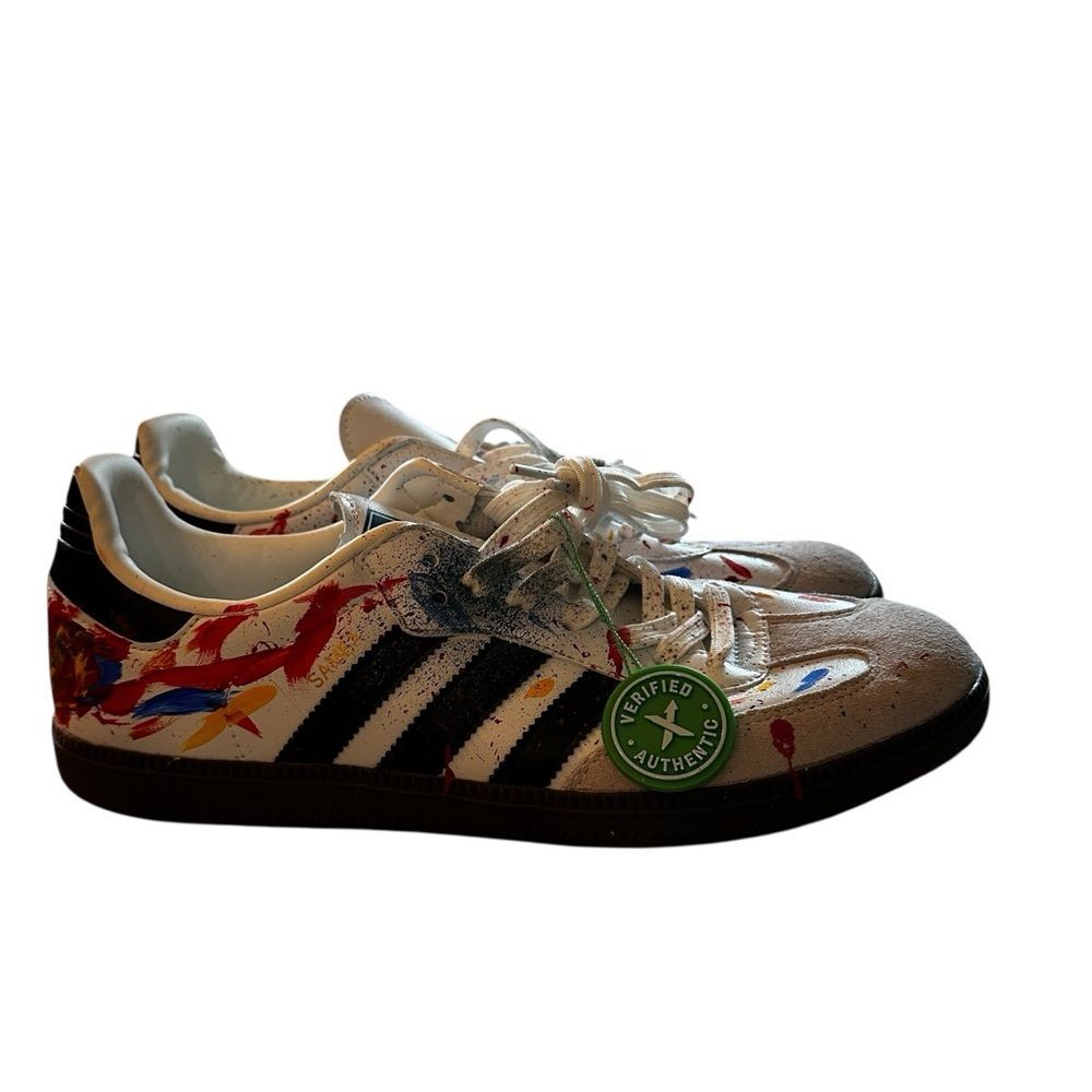 NWOT Adidas Colorful Custome Splatter Sneakers with Black Stripes Stock X Ver 11